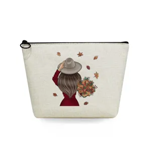 Portable canvas makeup bag with autumn illustration travel cosmetic storage pouch for women.