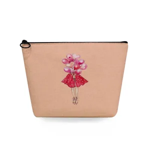 Portable cute watercolor girl print cosmetic bag, simple travel makeup storage pouch for women.
