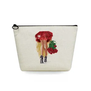 Detailed view of canvas cosmetic makeup pouch featuring stylish illustration of red rose bouquet.