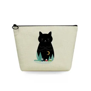 Portable linen cosmetic bag with cute black cat night view print for travel and daily use.