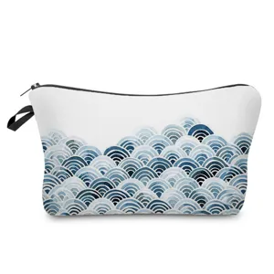 Blue wave pattern cosmetic bag, portable zipper toiletry pouch for travel and daily storage.