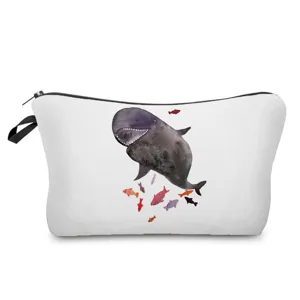 Waterproof whale print travel cosmetic bag portable makeup pouch for women and girls