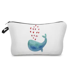 Cute watercolor blue whale print cosmetic bag travel storage toiletry bag detail view