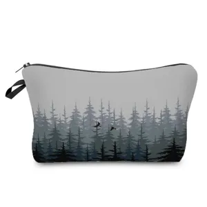 Forest print cosmetic bag with zipper closure and side handle for daily travel and makeup storage.