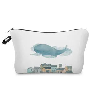 Watercolor Blue Whale Cosmetic Bag Portable Travel Toiletry Pouch Zipper Makeup Organizer