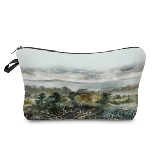 Scenic print cosmetic bag detail, durable zipper closure and portable hanging strap.