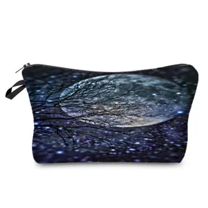Detailed close-up view of a functional cosmetic storage pouch featuring night sky and moon print.