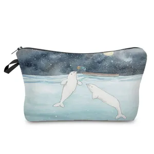 Artistic watercolor beluga whale print cosmetic bag portable travel makeup storage pouch