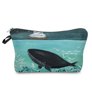 Whale printed makeup bag canvas travel toiletry pouch cute cosmetic organizer for daily use.