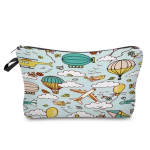 Closeup of cartoon hot air balloon print cosmetic bag detail showing zipper closure.