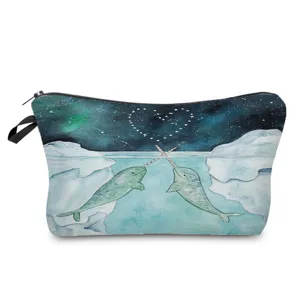 Waterproof cosmetic bag with cute narwhal watercolor print, portable travel makeup pouch.
