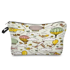 Detailed view of the cute cartoon printed zipper cosmetic pouch showing fine fabric.