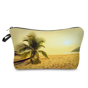 Tropical beach print cosmetic bag with zipper closure and side handle for daily travel use.