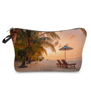 Portable Polyester Makeup Bag With Zipper Landscape Print Toiletry Bag For Travel Daily Storage Cosmetic Pouch For Women Men