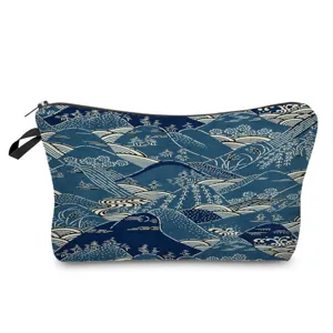 Japanese landscape print cosmetic bag with zipper, versatile toiletry storage pouch for daily use.