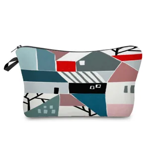 Abstract landscape print cosmetic bag, practical zipper toiletry pouch for daily storage use.
