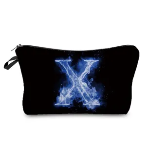 Schwarze Kosmetiktasche mit blauem rauchigem Buchstaben X Druck, tragbare Make-up Tasche.