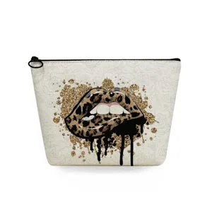 Bolsa de maquillaje de viaje portátil con estampado de labios de leopardo, neceser elegante.