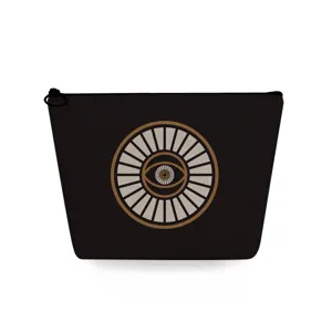 Bolso cosmetico de viaje portatil con estampado de ojo mistico, estuche negro elegante.