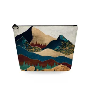 Canvas make-up etui met landschap print, rits sluiting, ideaal voor dagelijks gebruik en reizen.