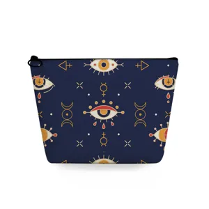 Bolsa de cosmeticos de viaje con patron de ojos misticos, estuche de maquillaje azul.