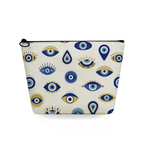 Bolsa de maquillaje de lona con estampado de mal de ojo azul, estuche cosmético portátil de viaje.