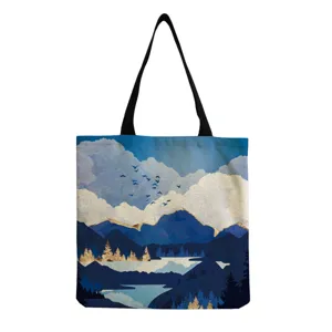 Casual καμβάς τσάντα shopper με καλλιτεχνική εκτύπωση τοπίου βουνού, πρακτική και κομψή.