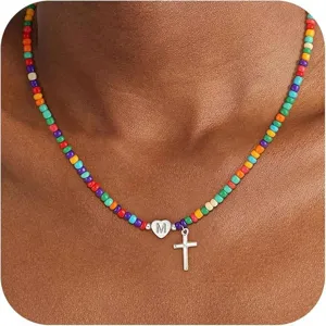 Mode Koperen Kralen Kruis Ketting Voor Vrouwen Boheemse Kleurrijke Kralen Hart Letter Charm Hanger Halskettingen Sieraden