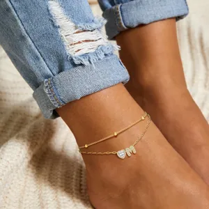 Chaine de cheville double couche en or avec coeur en zircon et lettre M pour femmes