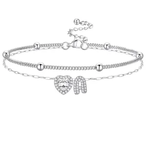Chaîne de Cheville Initiale Cœur en Cuivre Strass à la Mode Chaîne à Niveaux Réglable Bijoux de Pied Cadeaux pour Femmes Navette Décontracté