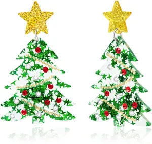 Pendientes de acrílico árbol de navidad con estrella dorada brillante y diamantes de imitación