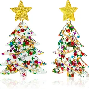 Pendientes de Árbol de Navidad Acrílico Brillantina Estrella Dorada Strass Poste de Acero Inoxidable Joyería Festiva para Mujer