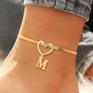 Fashion Stainless Steel Hollow Heart Initial Letter Anklet For Women Gold Snake Bone Chain Foot Jewelry Summer Daily Gift