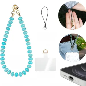 Turquoise beaded phone strap detail showing natural stone beads, metal clasp and tether.