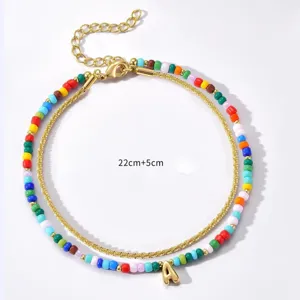 Double layer colorful beaded anklet with letter A pendant adjustable fashion foot jewelry