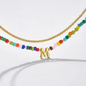 Colorful beaded layered anklet with gold letter M pendant, fashion daily jewelry for women