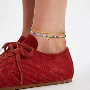 Layered colorful bead anklet with letter A pendant, stylish and fresh daily foot jewelry for women.