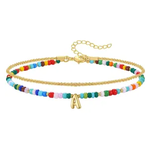 Bohemian Layered Colorful Beaded Anklet For Women Fashion Copper Letter Pendant Adjustable Beach Ankle Bracelet Jewelry