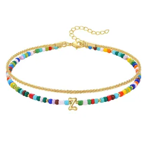 Colorful beaded layered anklet with letter Z pendant gold chain fashion jewelry for women
