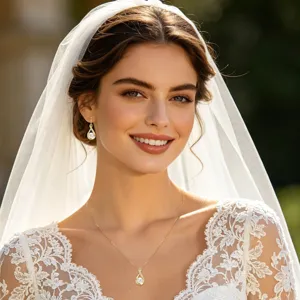 Close-up detail view of elegant bridal pearl pendant necklace and matching earrings in gold.