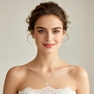 Close-up detail shot of elegant bridal teardrop pearl necklace and matching earrings jewelry set.