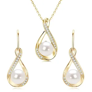 Elegant Copper 14k Gold Plated Artificial Pearl Waterdrop Jewelry Set Rhinestone Pendant Necklace Earrings For Bridal Bridesmaid Wedding Party Women Jewelry