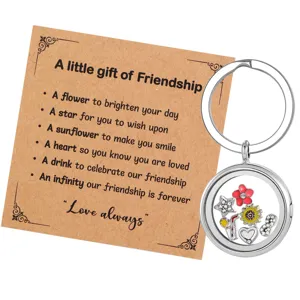 Edelstahl Floating Locket Schlüsselanhänger Mit Freundschaftskarte Runder Fotorahmen Box Anhänger Mit Bunten Charms Geschenk Für Beste Freunde