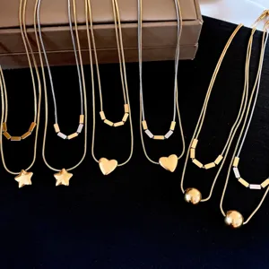 Collier double couche en acier inoxydable avec cœur étoile perle pendentif pour femmes