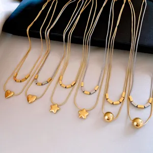 Collier pendentif double couche géométrique coeur étoile boule en acier inoxydable.