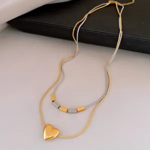 Collier double couche en acier inoxydable cœur, chaîne clavicule géométrique minimaliste femme.