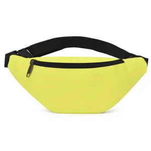 Detail of a bright yellow waterproof Oxford fanny pack with black adjustable strap.