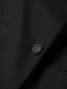 Macro detail of a black business suit blazer featuring a matte button and twill fabric texture