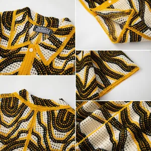 Detailed macro view of retro wavy pattern on yellow and black crocheted knit polo shirt