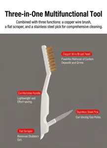 3-in-1 kitchen cleaning brush detail featuring copper wire brush and steel scraper